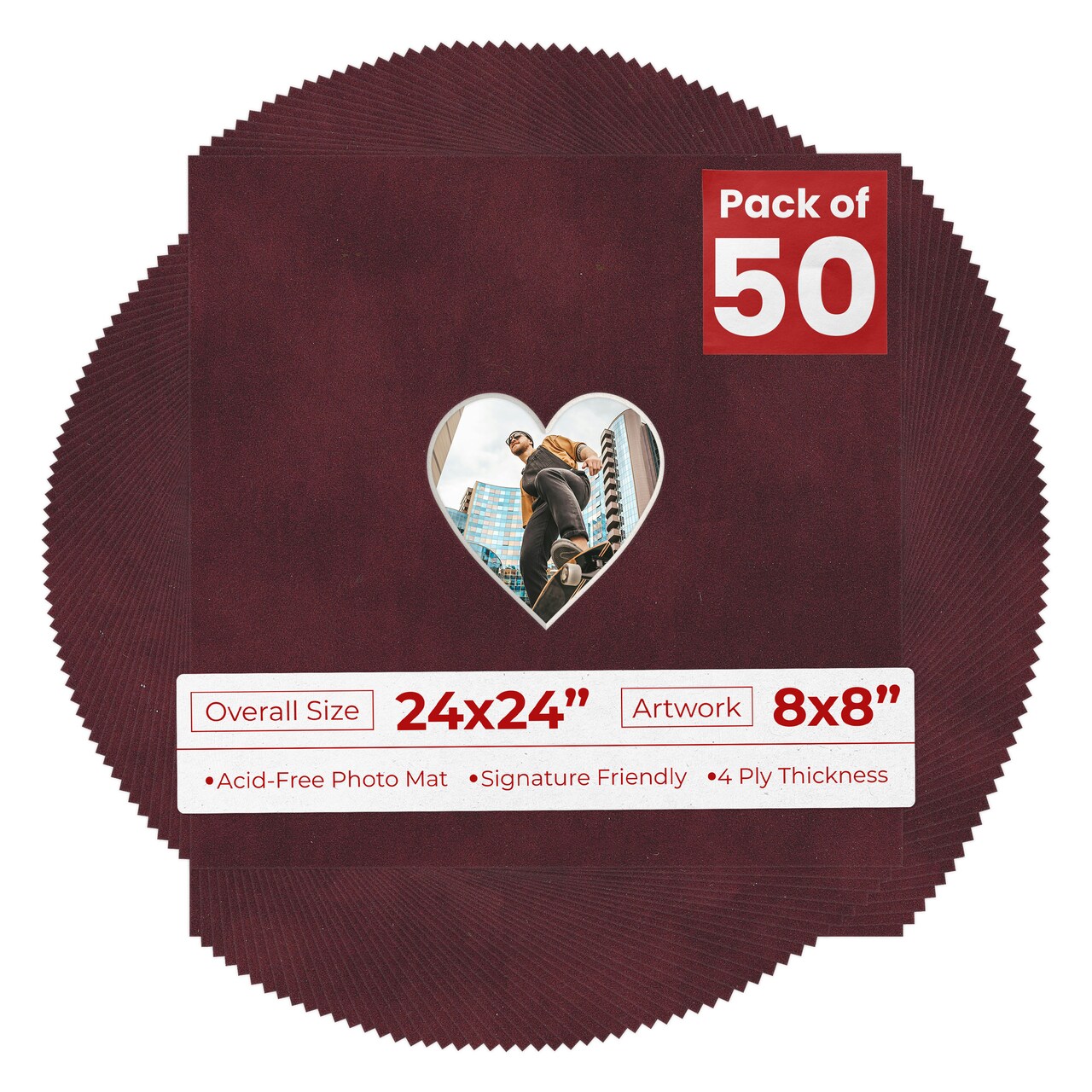 Dark Red Suede Mat Board for 24x24 Frames - Heart Opening for 8x8 Photos